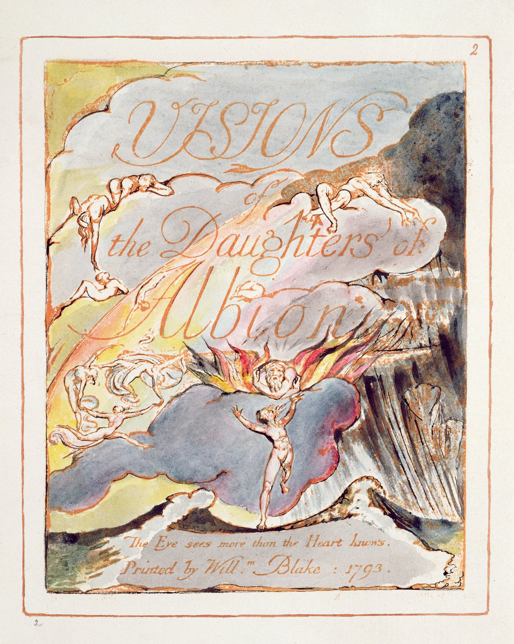 Visões das Filhas de Albion: Página de título, projetada em 1793, completada c.1815 (gravura em relevo com caneta e wc no papel) de William Blake