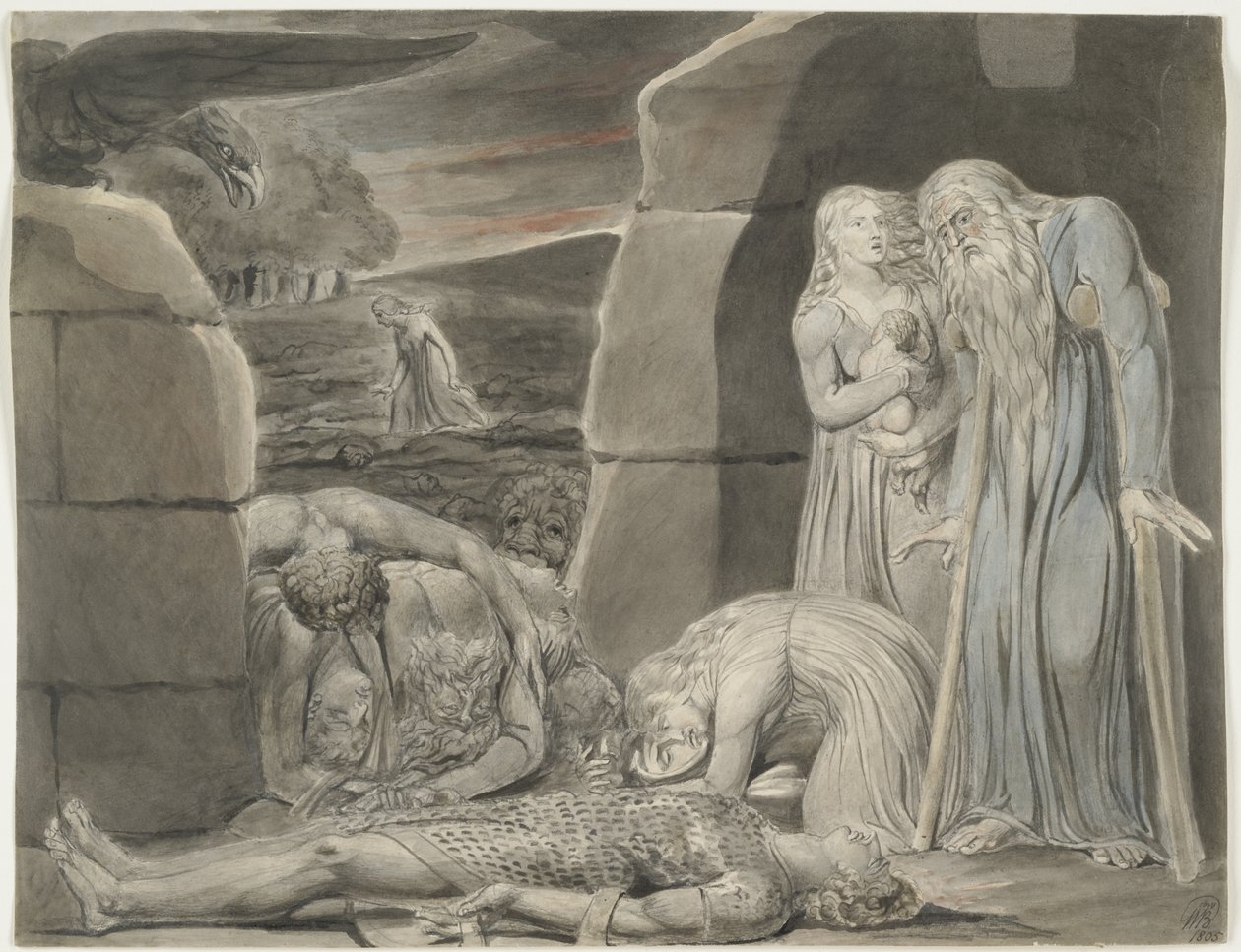 Guerra, 1805 (wc, tinta preta e cinza e grafite em papel de seda esbranquiçado) de William Blake