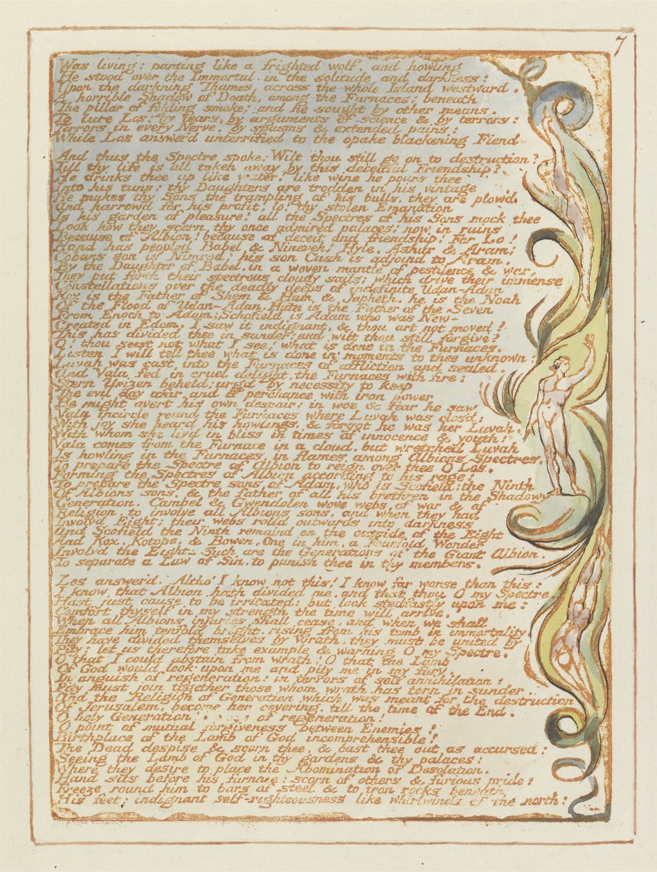 Estava vivo: ofegante ..., placa 7 de Jerusalém, 1804-20 (relevo gravura impressa em laranja com caneta e wc) de William Blake