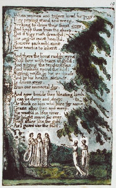 When Wolves and Tygers ... ilustração de Canções da Inocência e da Experiência (Bentley Copy L) pl.19 (Bentley 21) 1789-94 (gravura em relevo com caneta e wc no papel) de William Blake