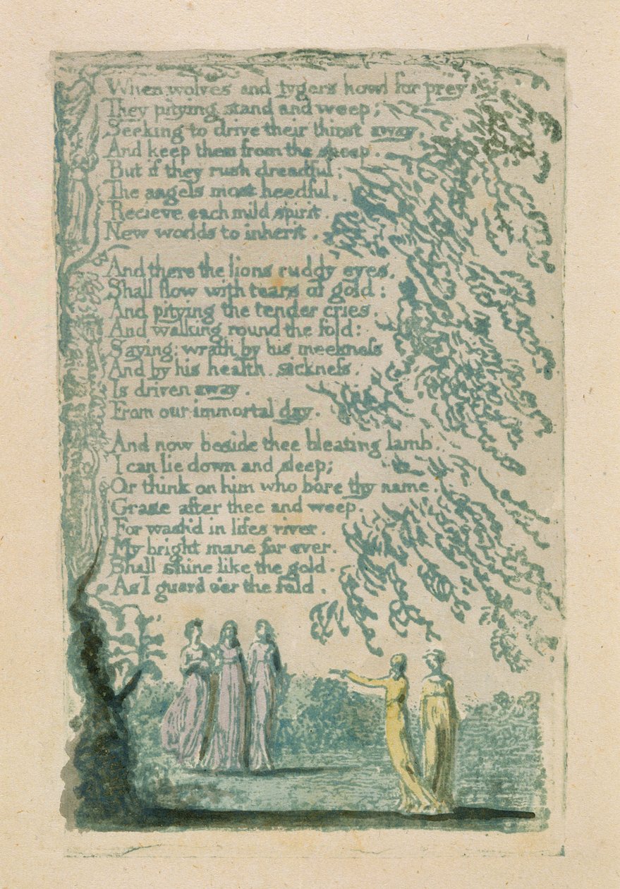 &39;When Wolves and tygers ...,&39; prato 30 de &39;Songs of Innocence&39;, 1789 (relevo colorido à mão gravura com aquarela) de William Blake