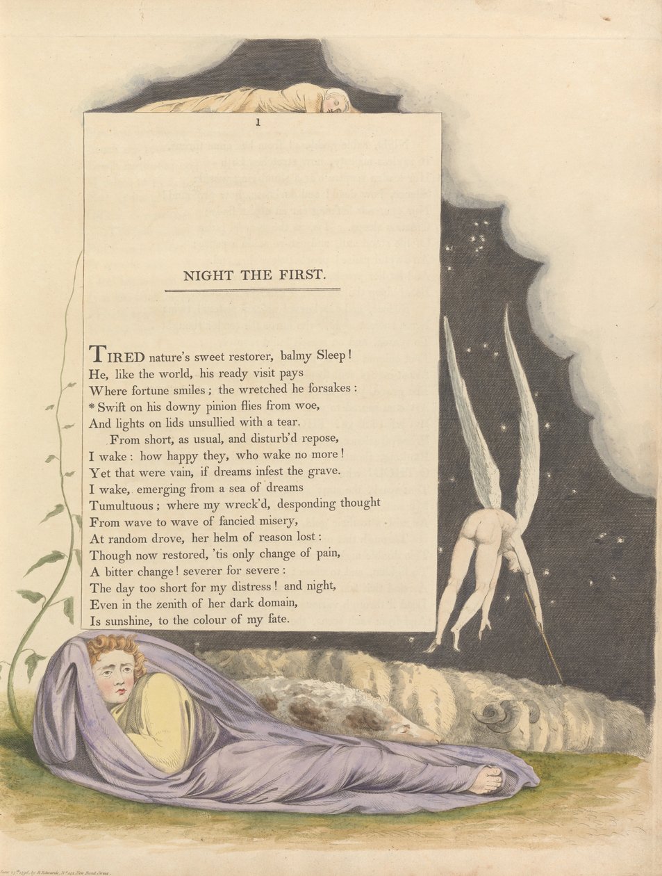 Pensamentos da noite dos jovens, Página 1, Swift em seu pinhão Downy moscas da desgraça de William Blake