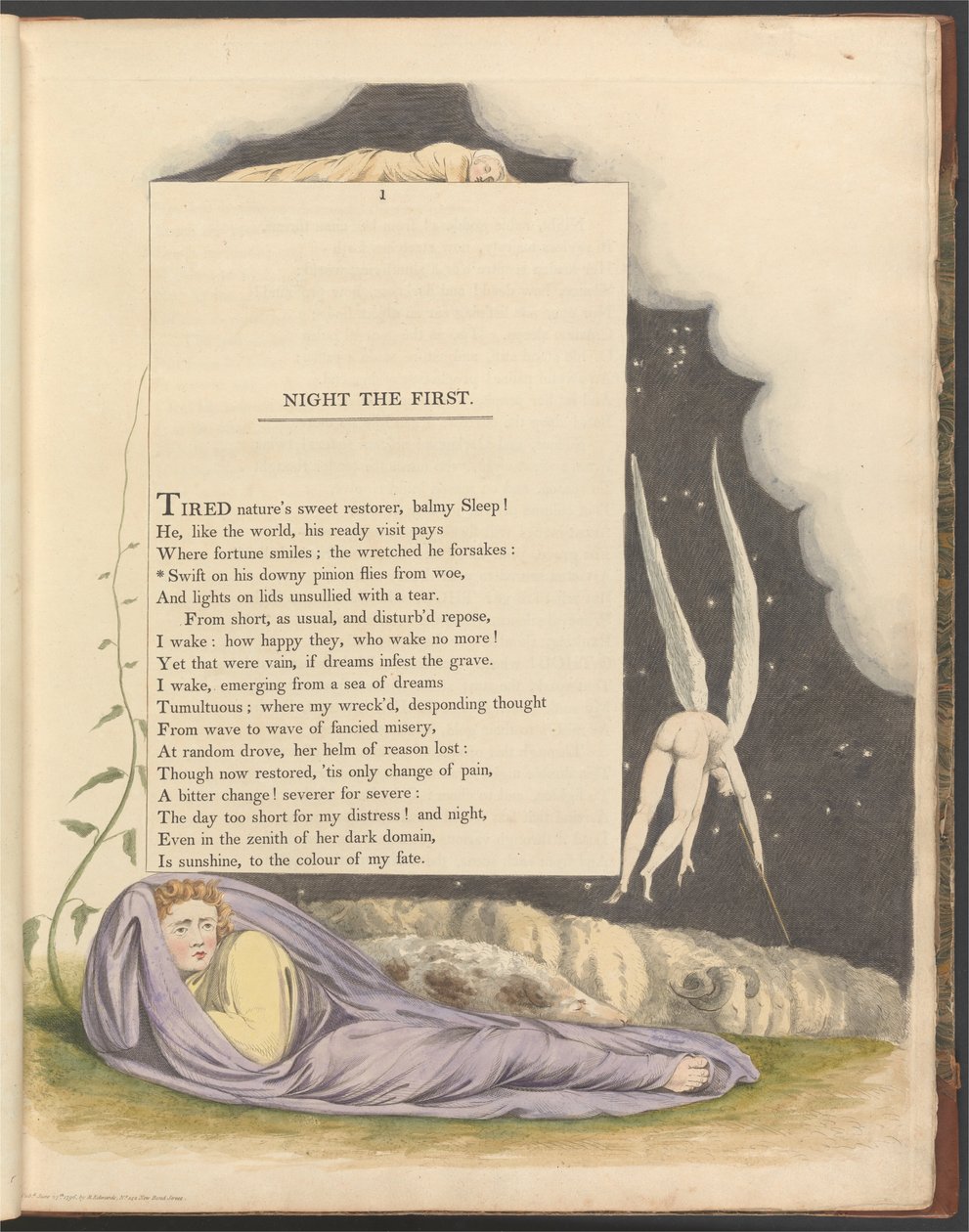 Pensamentos da noite dos jovens, Página 1, Swift em seu pinhão Downy moscas da desgraça de William Blake