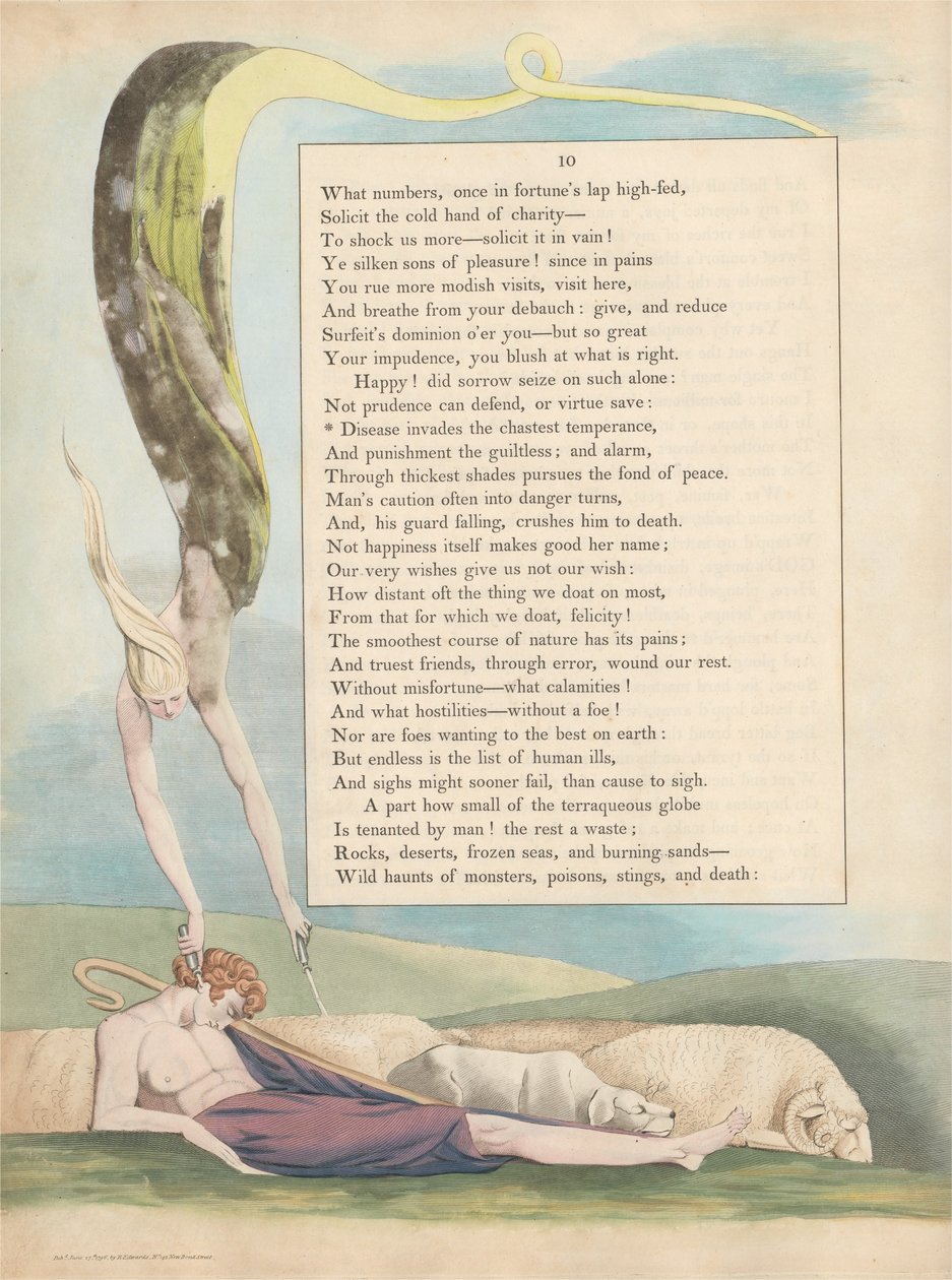 Pensamentos da noite dos jovens, página 10, doença invade a temperança castigada de William Blake