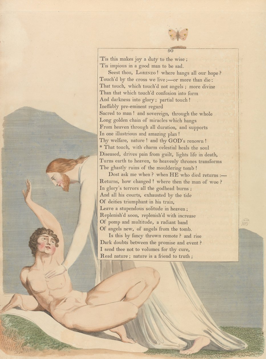 Jovem Noite Pensamentos, Página 90, Aquele toque, com charme celeste, cura a alma de William Blake