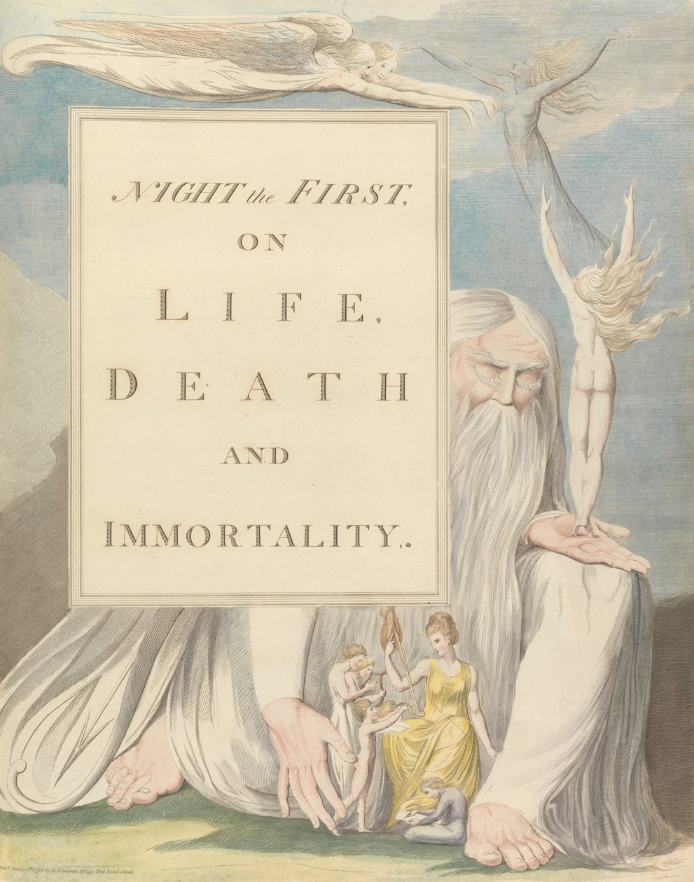 Pensamentos da noite dos jovens, página de título, noite a primeira, na vida, na morte e na imortalidade. de William Blake