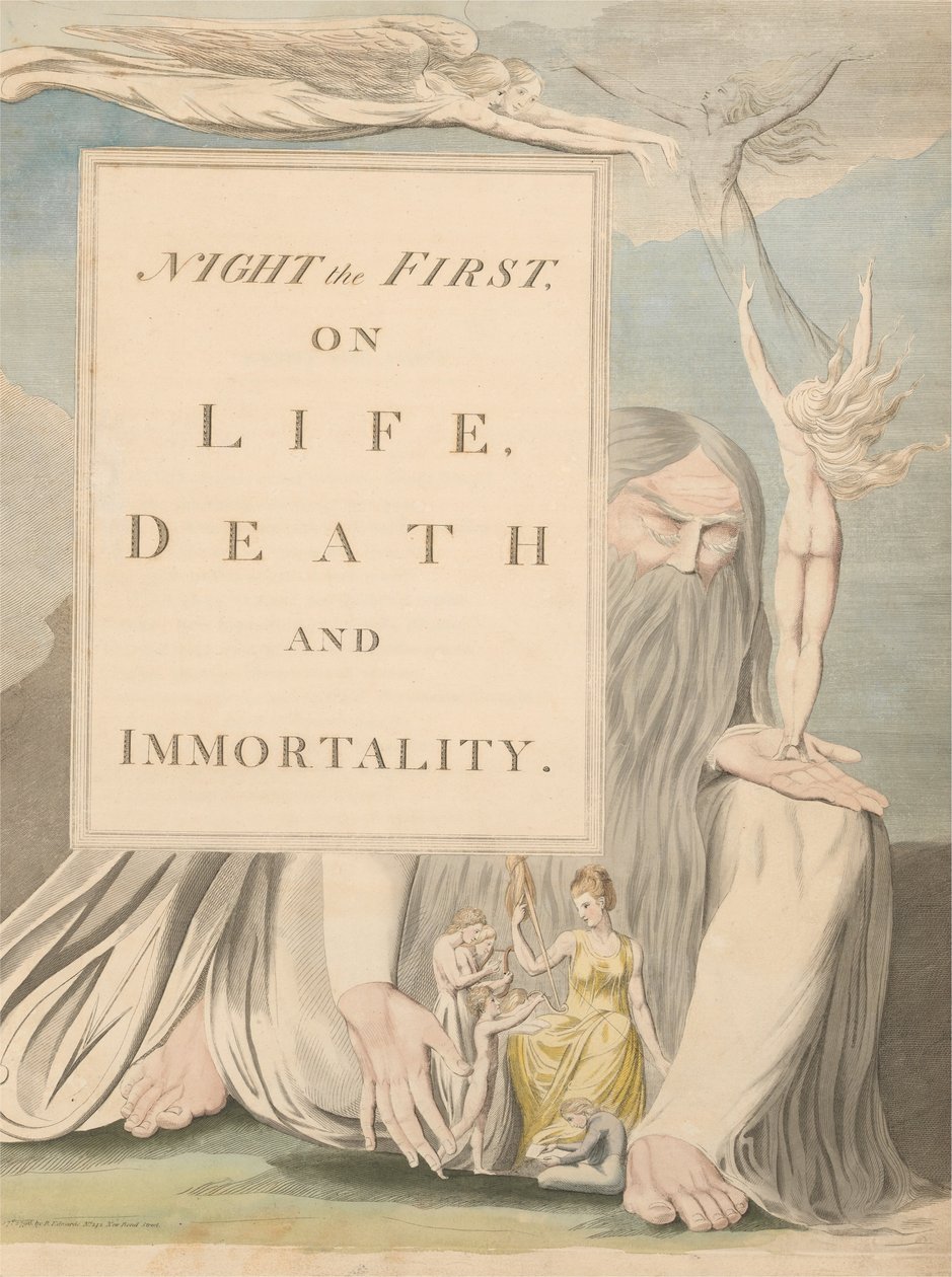 Pensamentos da noite dos jovens, página do título, noite a primeira, na vida, na morte e na imortalidade. de William Blake