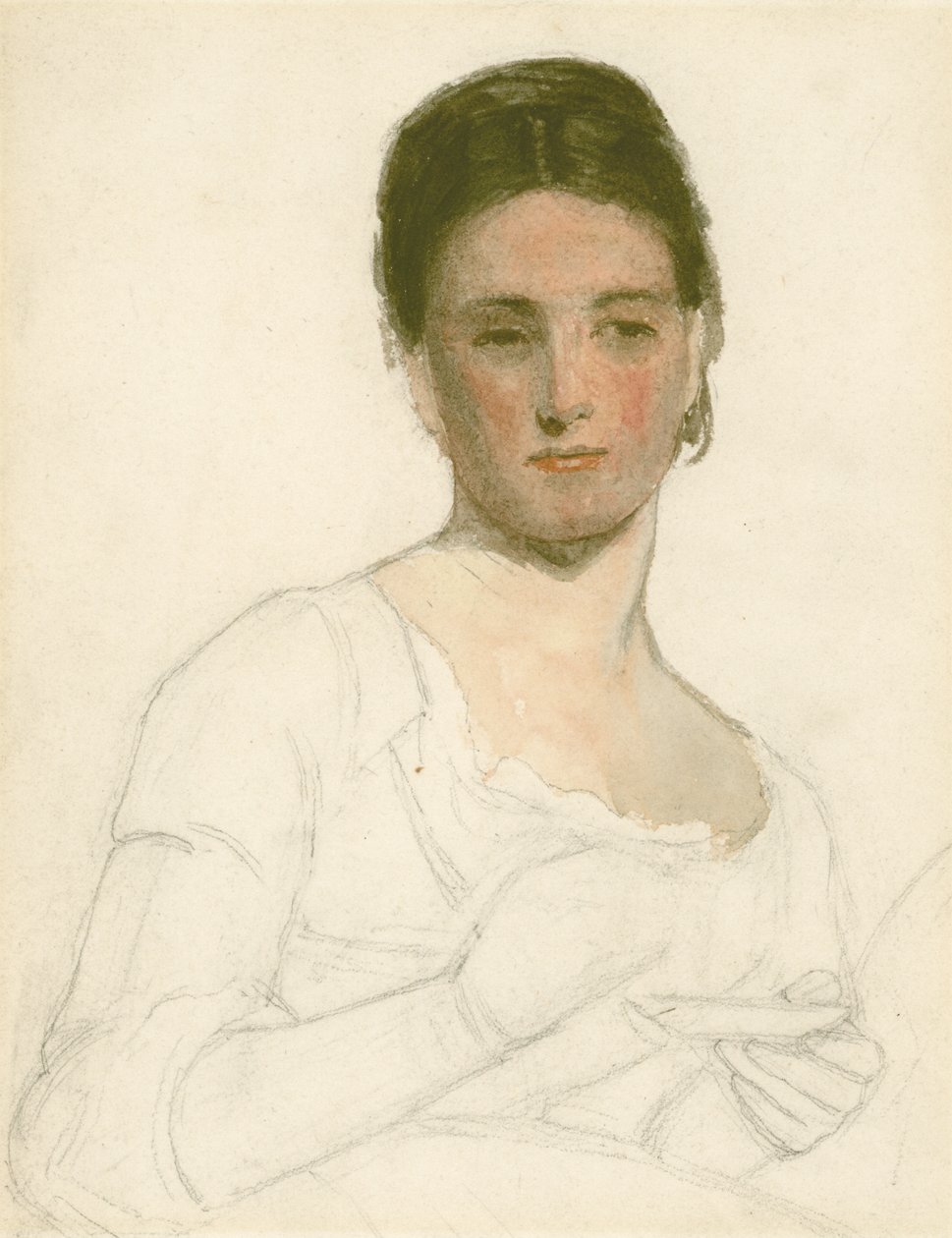 Esboço de uma jovem mulher segurando uma xícara e Pires, c.1875 (lápis & wc no papel) de William Morris