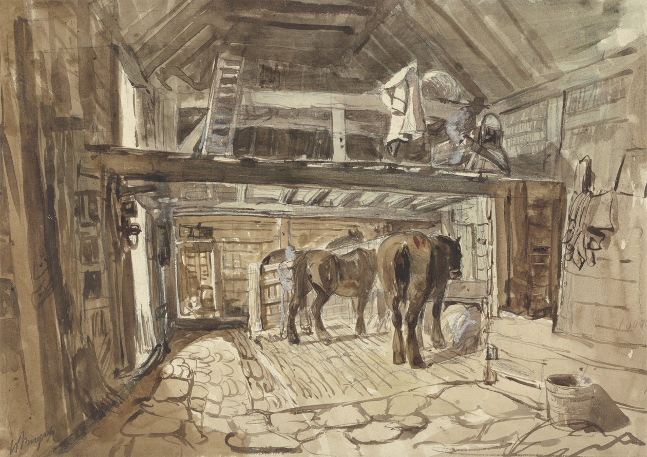 Interior de um estábulo, com dois cavalos de alimentação (grafite, caneta e tinta com a lavagem no papel) de Henry William Burgess