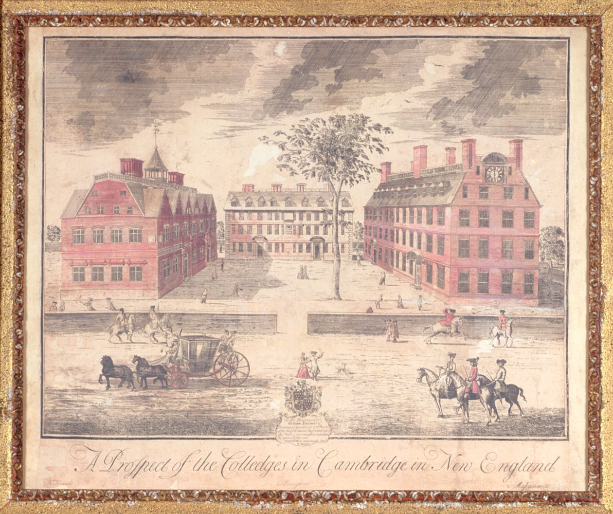 Uma perspectiva das faculdades em Cambridge, na Nova Inglaterra, gravura atribuída a John Harris (fl.1686-1740), 1726 (gravura colorida à mão) de William Burgis