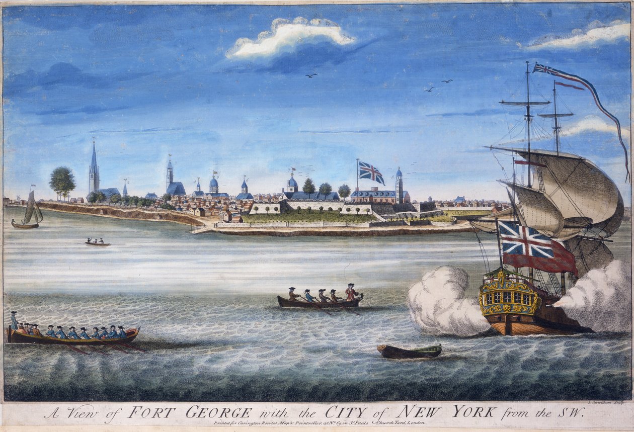 Uma vista do forte George com a cidade de New York do sudoeste, gravada por John Carwitham, ca. Gravação à mão de 1764 de William Burgis