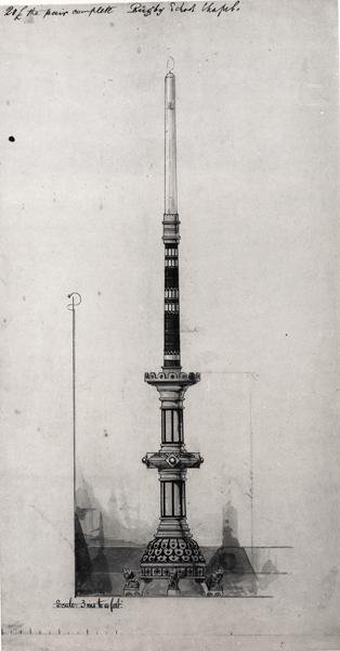 Design para um candelabro, Capela da Escola de Rugby, c.1870 (tinta preta, lápis e wc) de William Butterfield
