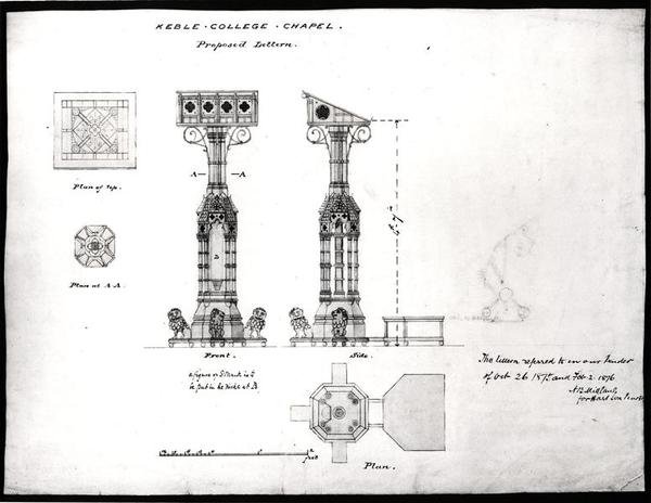 Design para um Lecturn, Keble College Chapel, Oxford, 1875-76 (tinta preta, lápis e aquarela) de William Butterfield