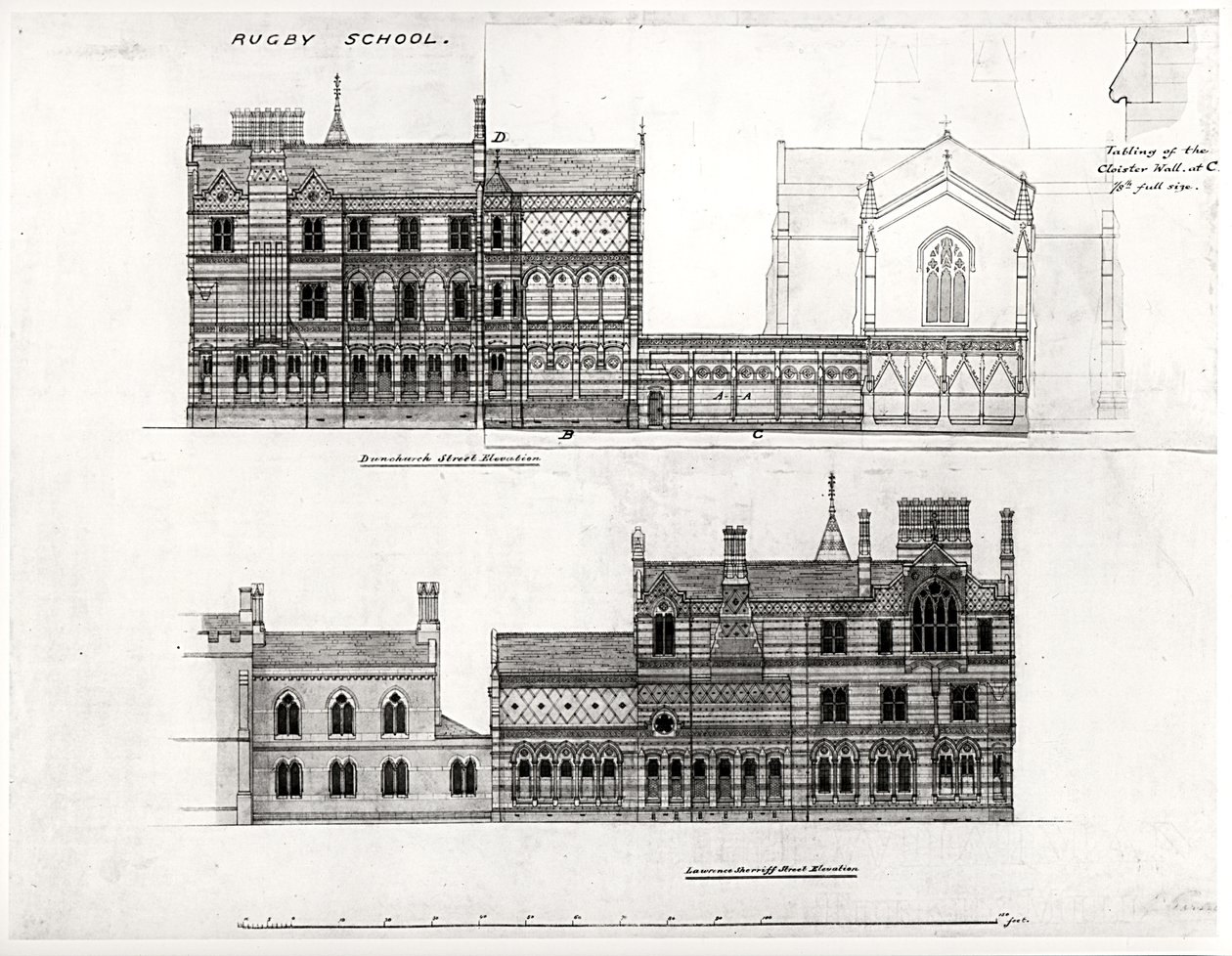 Elevações Oeste e Norte, Nova Escola, Escola de Rugby, 1867 (tinta preta, lápis e wc) de William Butterfield