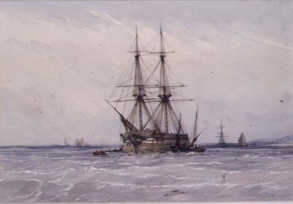 Brig na âncora e barcos ao lado de William Callow