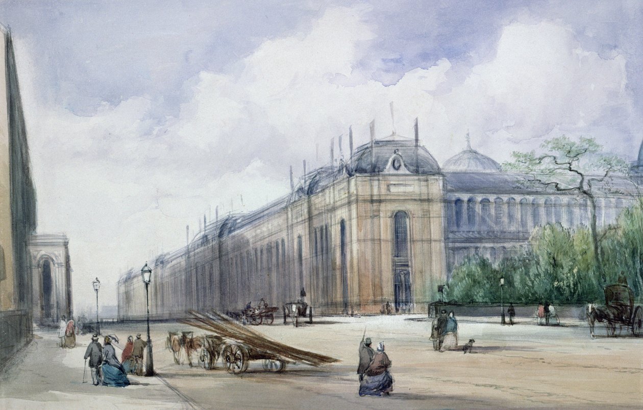 Aspecto sudeste do edifício de exposições de 1862, olhando ao longo da Cromwell Road de William Callow
