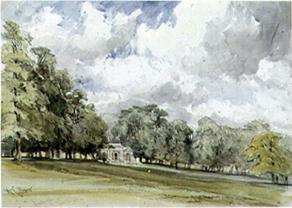 Vista em Kensington Gardens mostrando a Casa do Templo de William Callow