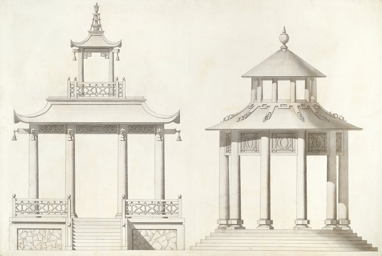 Design para um Ting (caneta, tinta preta e cinza lava no papel) de William Chambers