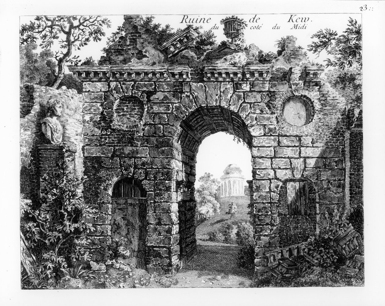 Ruínas no meio de Kew Gardens, de "O Jardim e Edifícios em Kew in Surry", de Sir William Chambers, publicado em 1763, como reeditado em "Jardins Anglo-Chinois à la Mode", de George Louis le R de William Chambers