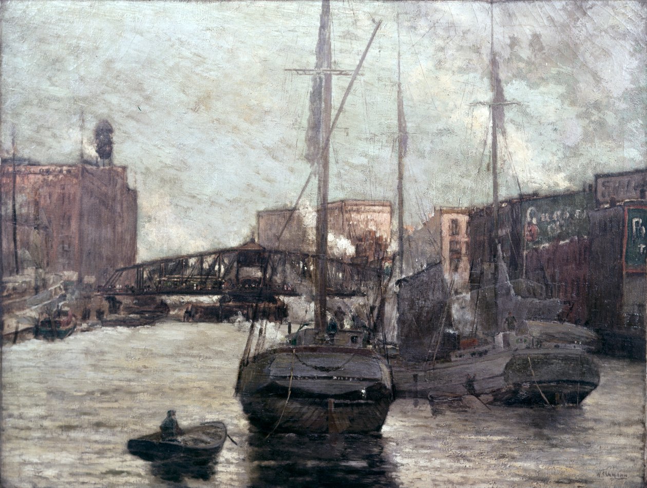 Vista, de, a, rio chicago, mostrando, rua Clark, ponte, 1910-12 de William Clusmann