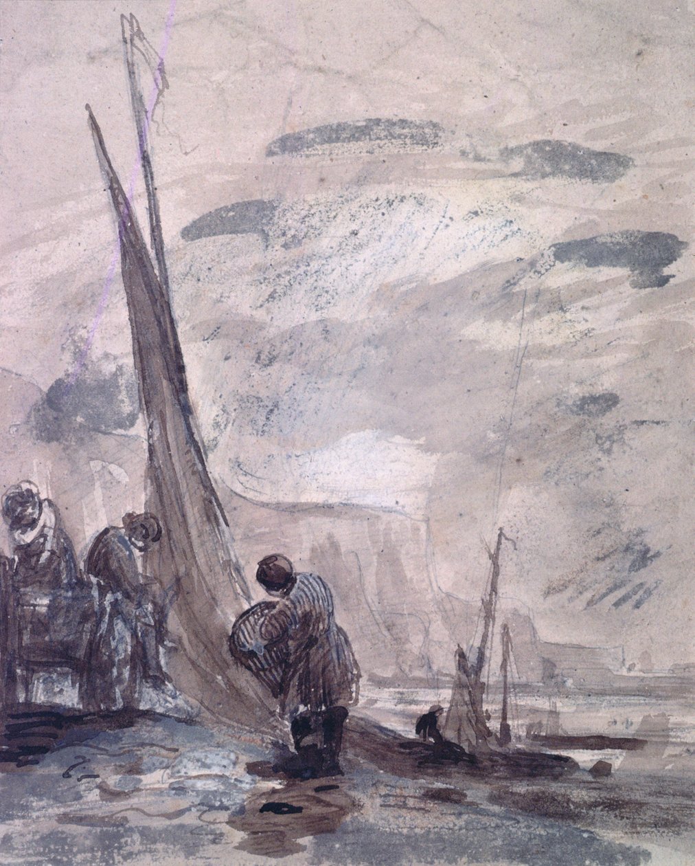 Figuras, com, carreta, e, barcos, ligado, a, costa, perto, penhascos, 19o século de William Collins