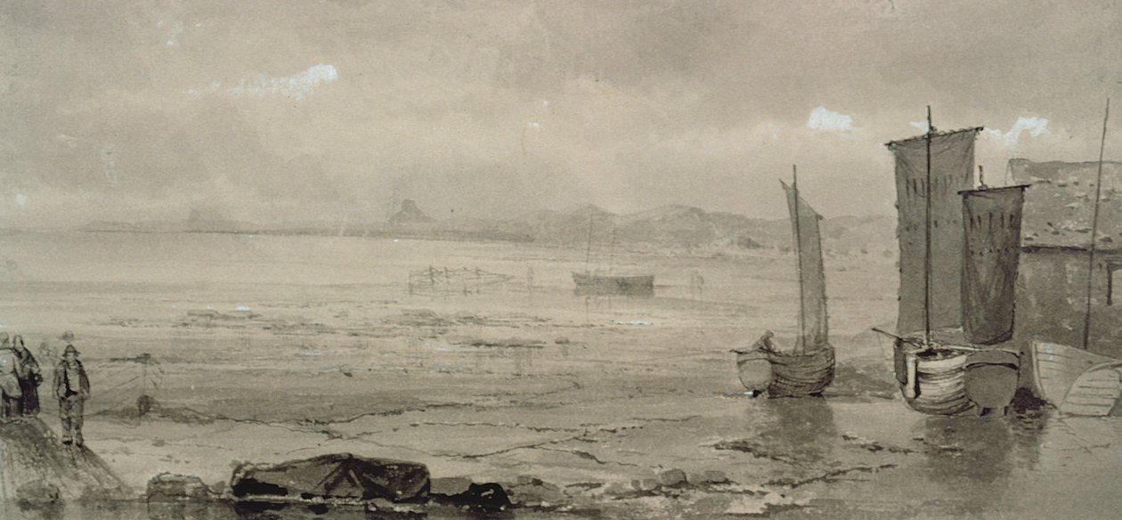 Estudo à beira-mar: maré baixa, com barcos de pesca e pescadores, século XIX (aquarela) de William Collins