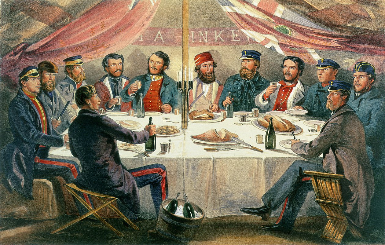 Um jantar de Natal nas alturas antes de Sebastopol, gravado por JA Vinter, bar. 1855 de William Crimea Simpson