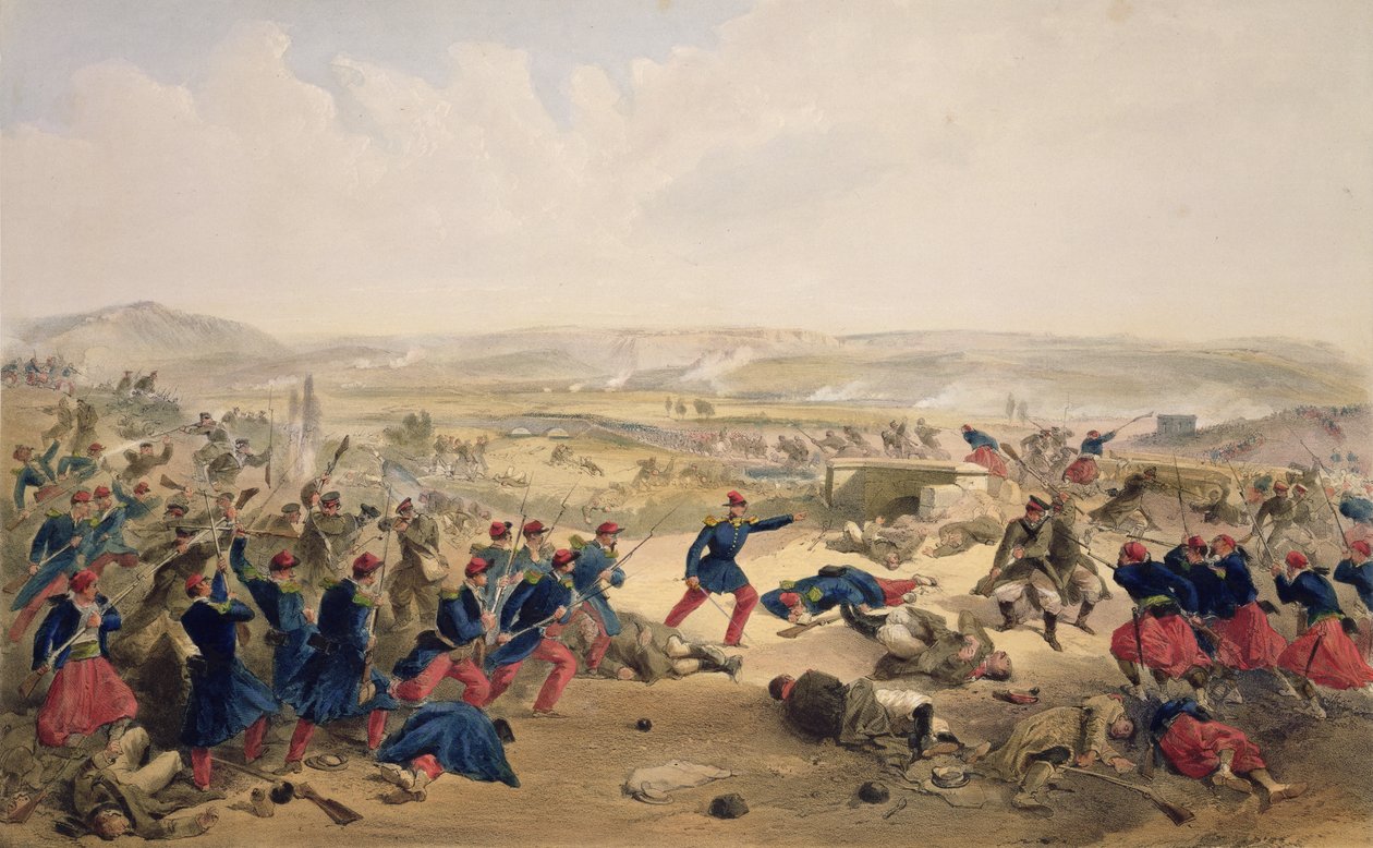 Batalha do Tchernaya, 16 de agosto de 1855, placa de &39;O assento da guerra no Oriente&39;, pub. por Paul e Dominic Colnaghi und Co., 1856 de William Crimea Simpson