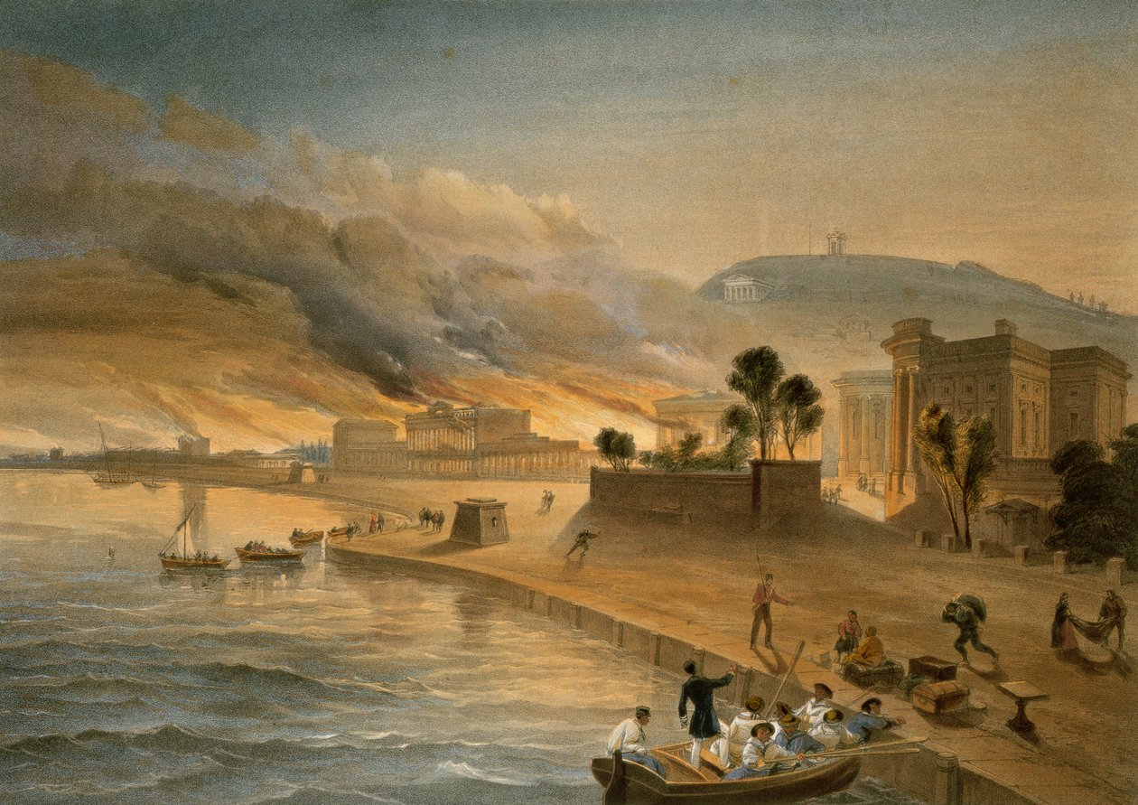 Queima dos edifícios do governo em Kertch, placa de "o assento da guerra no leste", bar. por Paul e Dominic Colnaghi und Co., 1856 de William Crimea Simpson