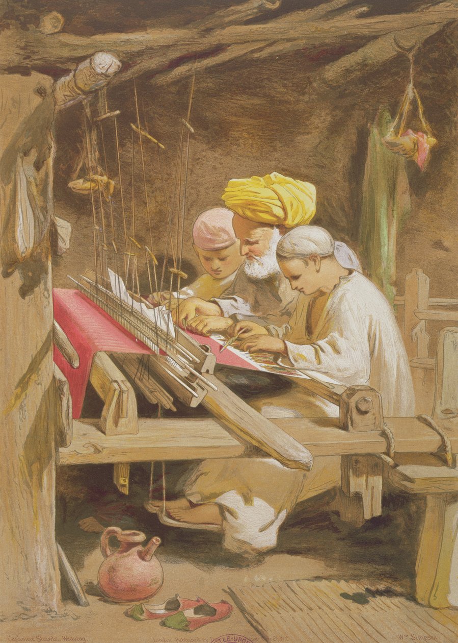 Xales de Caxemira: Tecelagem, 1863 (cromolitro) de William Crimea Simpson