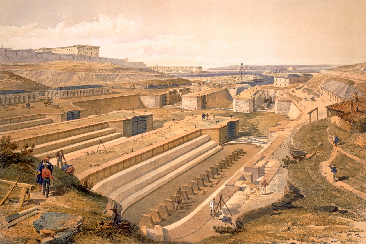 Docas em Sebastopol, placa de &39;O assento da guerra no Oriente&39;, pub. por Paul e Dominic Colnaghi und Co., 1856 de William Crimea Simpson