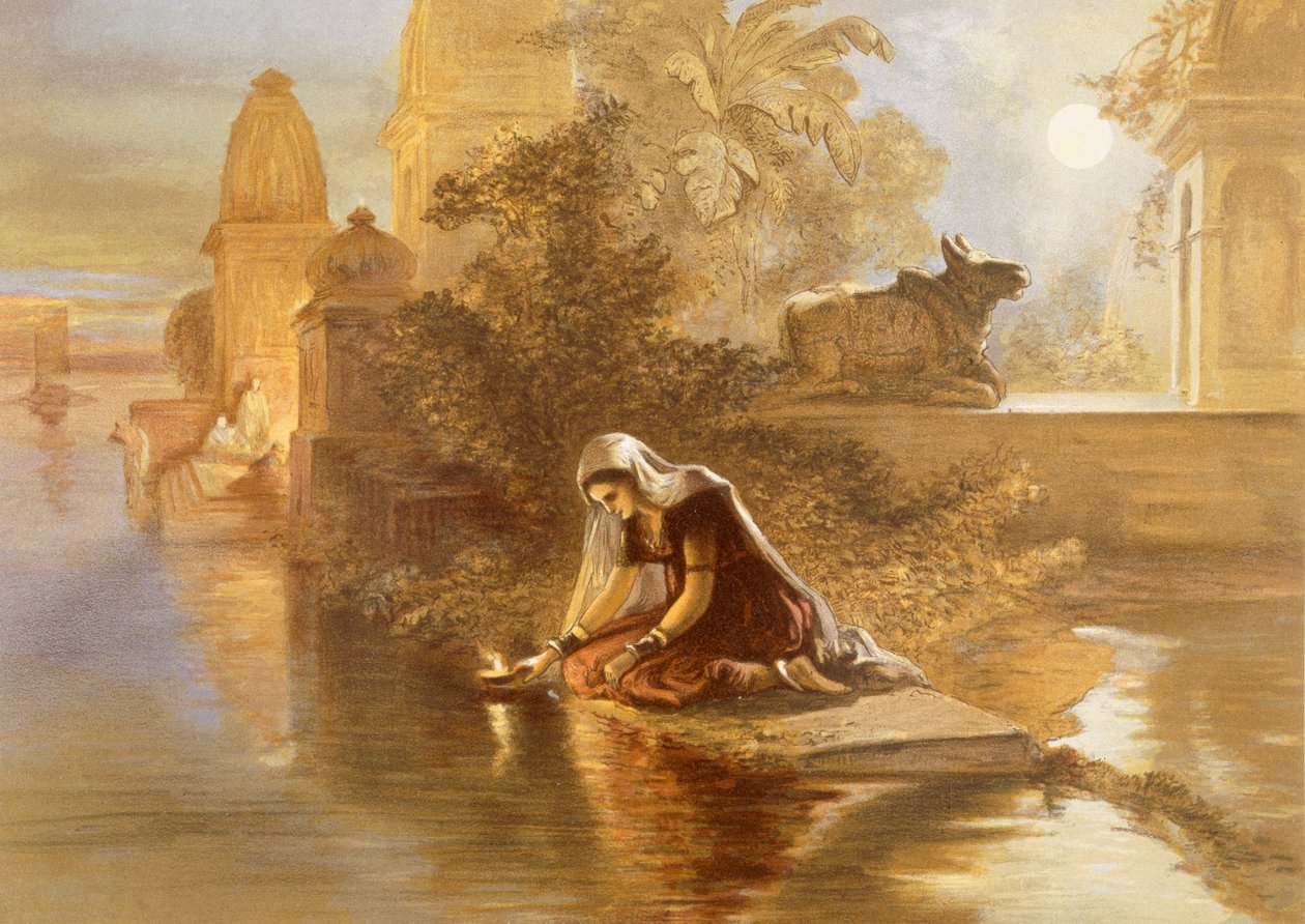 Lâmpadas Flutuantes de Mulher Indiana no Ganges, de &39;India Ancient and Modern&39;, 1867 de William Crimea Simpson