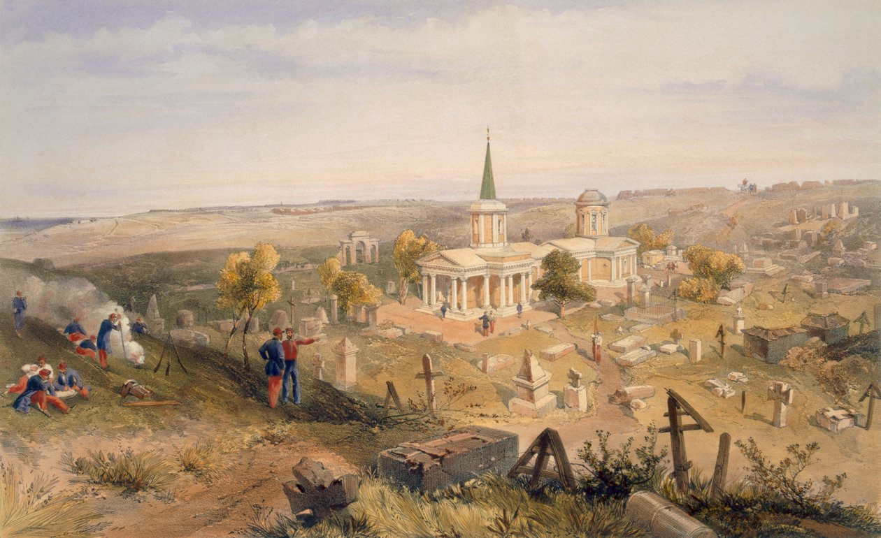 Quarentena, cemitério, e, igreja, prato, de, &39;The, assento guerra, em, a, East&39;, pub. por Paul e Dominic Colnaghi und Co., 1856 de William Crimea Simpson