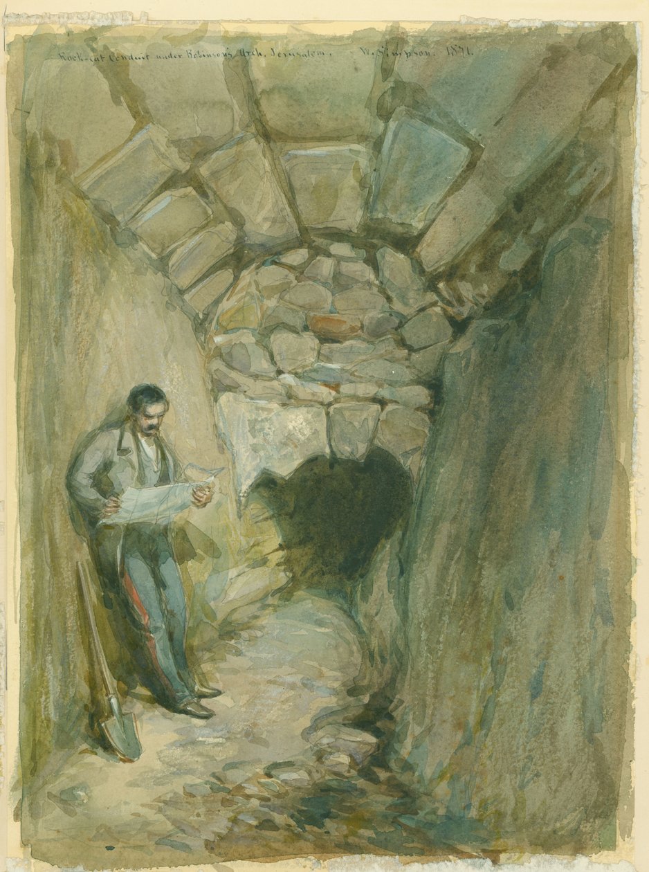 Canalização de corte de rocha sob o arco de Robinson, Jerusalém, 1871 (wc e lápis sobre papel de William Crimea Simpson