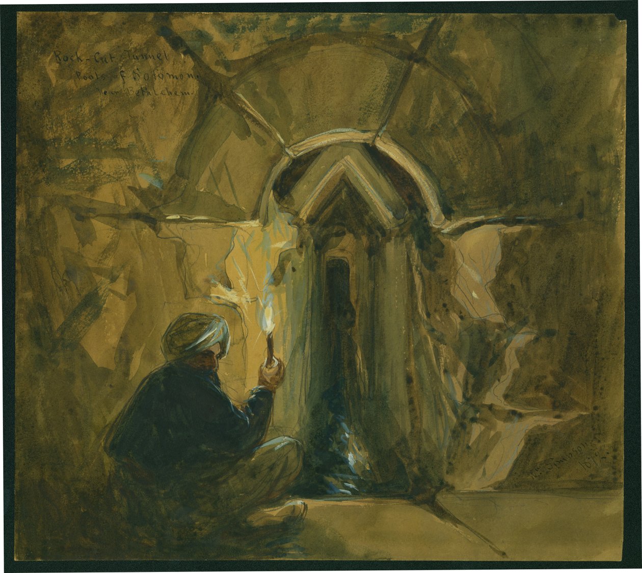 Túnel de rocha, piscinas de Salomão, perto de Belém, 1872 (wc e lápis sobre papel) de William Crimea Simpson