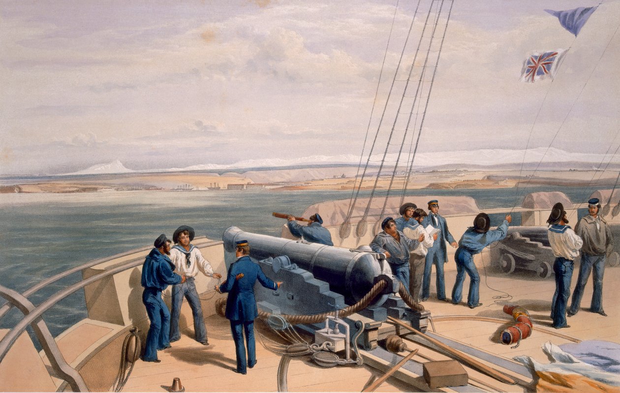 Sebastopol from the Sea, prato de "O assento da guerra no Oriente", publicado pela Colnaghi and Co., 1856 (lito colorido à mão) de William Crimea Simpson