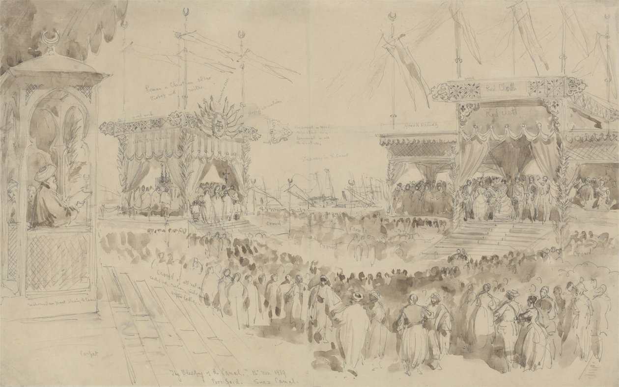A Bênção do Canal de Suez, 1869 (grafite e marrom no papel) de William Crimea Simpson