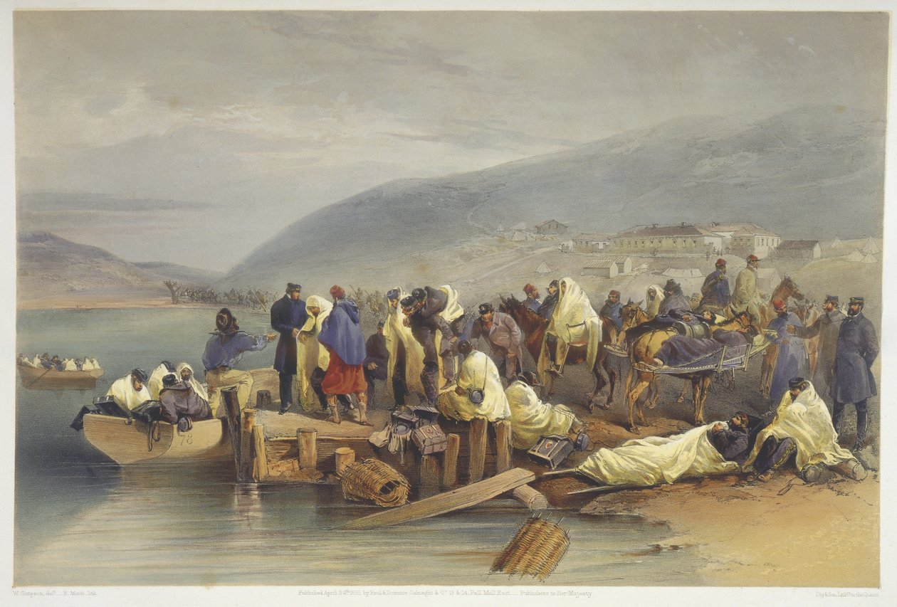 O embarque do doente em Balaklava, prato de "O assento da guerra no Oriente", publicado pela Colnaghi and Co., 1856 de William Crimea Simpson