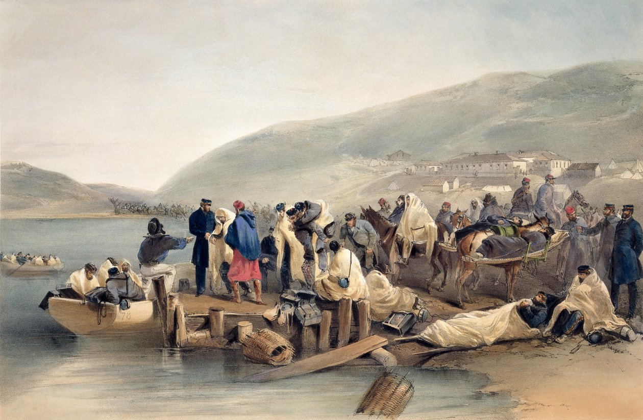 O embarque do doente em Balaklava, prato de "O assento da guerra no Oriente", publicado pela Colnaghi and Co., 1856 de William Crimea Simpson