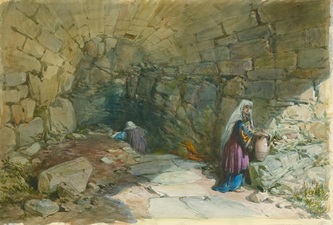 A Fonte da Virgem, Jerusalém, 1869 (wc e lápis sobre papel) de William Crimea Simpson