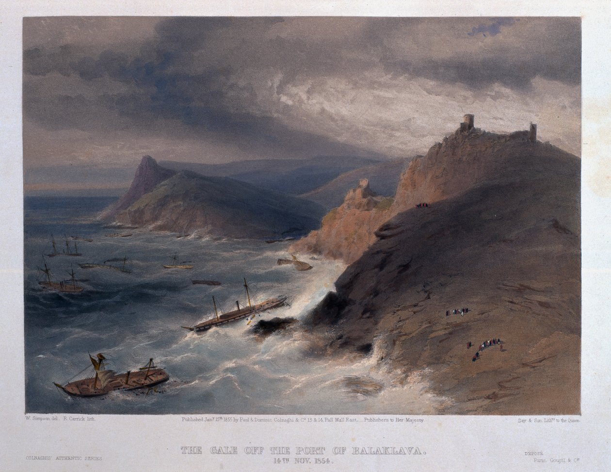 O vendaval do Porto de Balaclava, 14 de novembro de 1854, gravado por R. Carrick, de "A sede da guerra no Oriente - Primeira Série", publicado pela Colnaghi und Co., 1855 de William Crimea Simpson