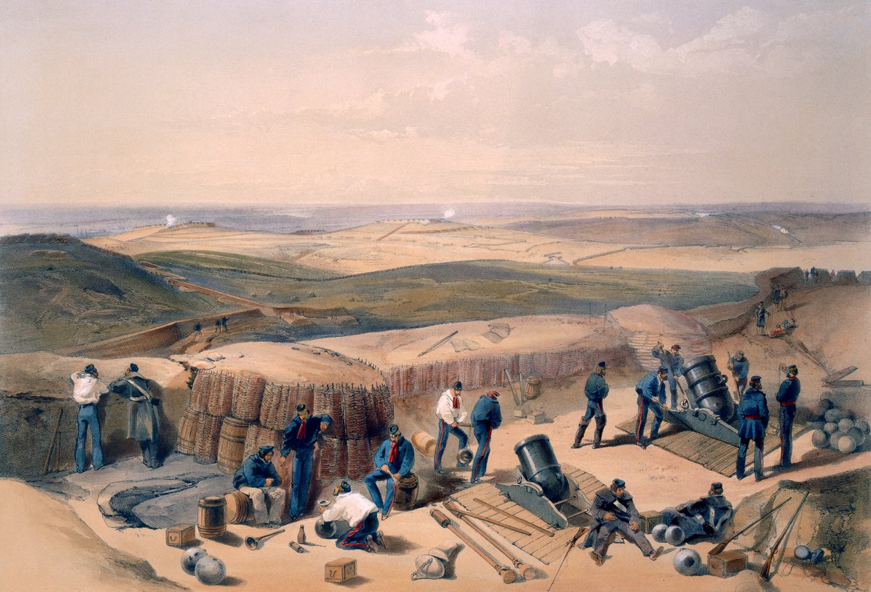 As Novas Obras do Ataque Certo, de "O Lugar da Guerra no Oriente", publicado por Colnaghi and Co., 1856 de William Crimea Simpson