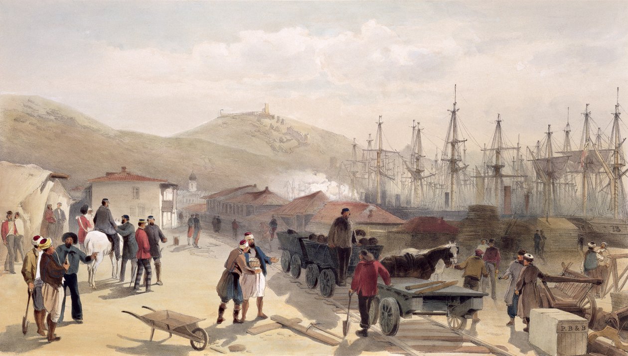 A estrada de ferro em Balaclava, placa de "O assento da guerra no Oriente", 1856 de William Crimea Simpson
