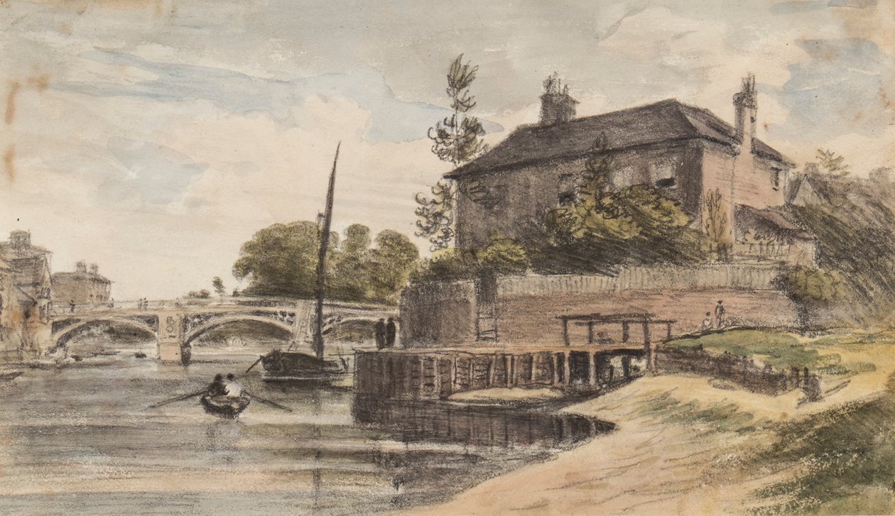 Berkshire: Ponte de Windsor a partir do prado indo para Clewer, o Sr. Collins "House, Young Cramer e Blagsom no barco, 18 de julho de 1832 de William Crotch