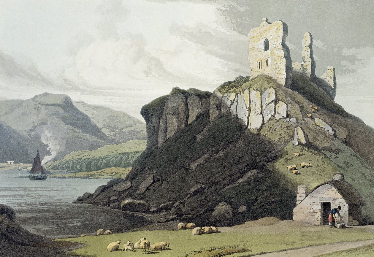 Castelo de Arros, Ilha de Mull, de "Uma Viagem pela Grã-Bretanha Realizada entre os Anos de 1814 e 1825", publicada em Londres, 1818 (gravura colorida à mão) de William Daniell