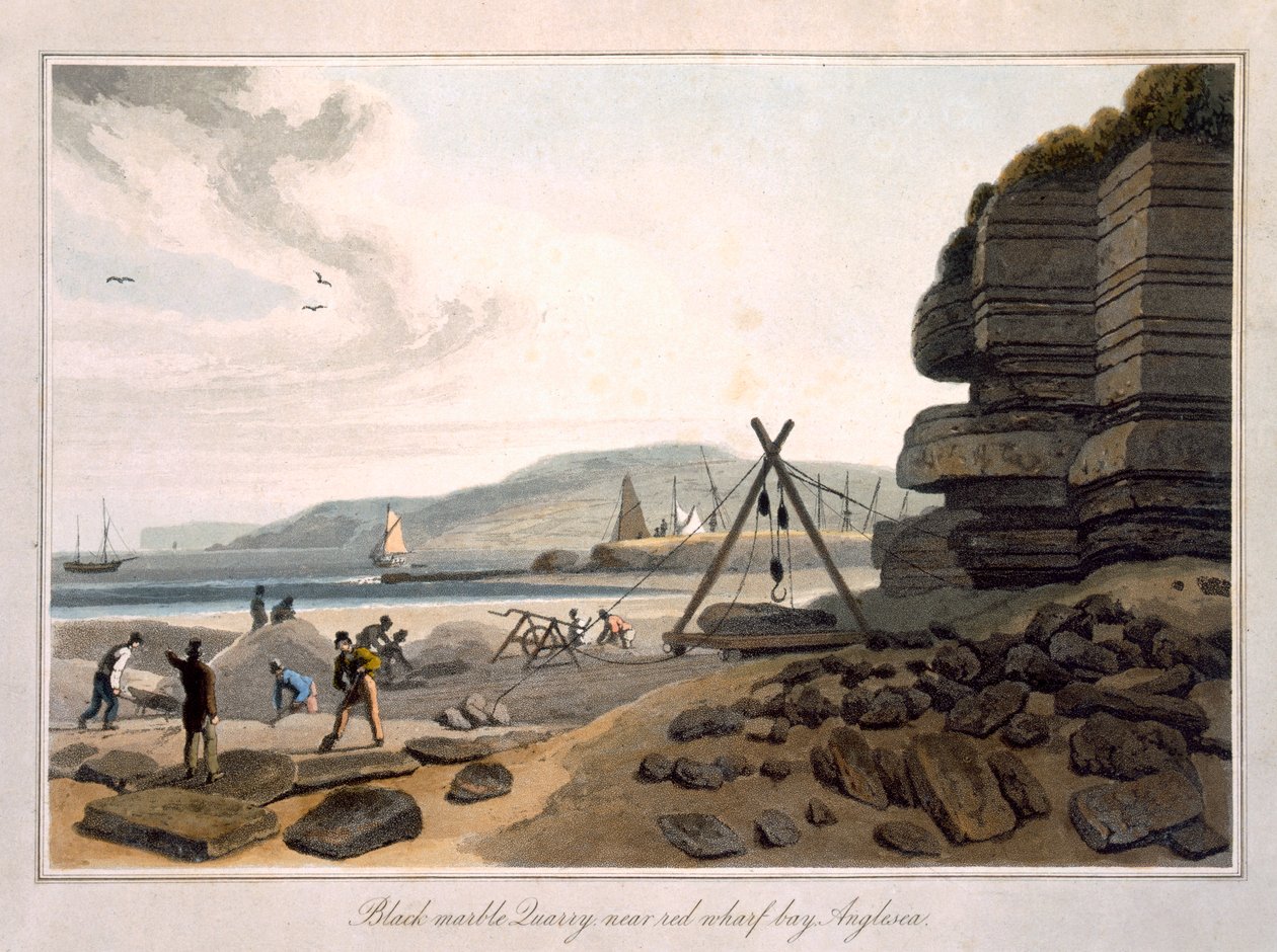 Pedreira de mármore preto perto de Red Wharf Bay, Anglesea, de "Uma viagem pela Grã-Bretanha empreendida entre os anos de 1814 e 1825", publicada em 1815 de William Daniell