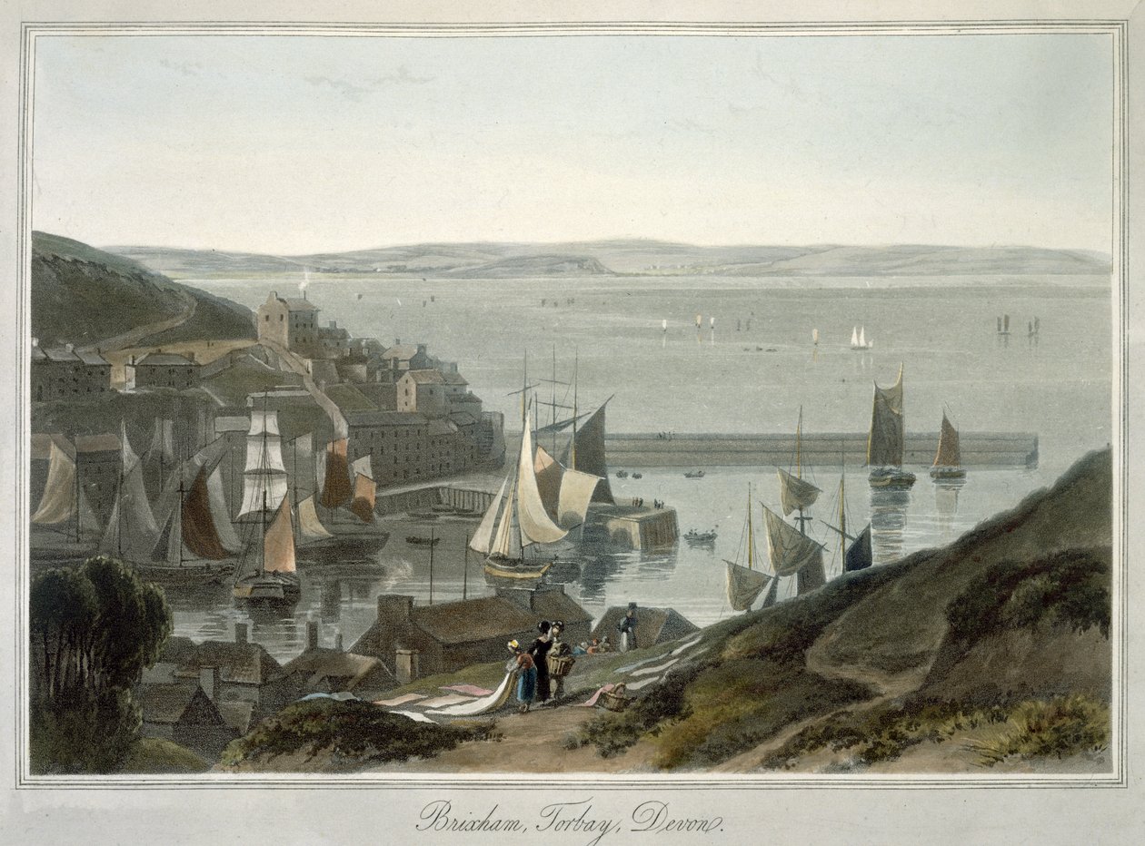 Brixham, Torbay, Devon, do volume VIII de "Uma viagem pela Grã-Bretanha realizada entre os anos de 1814 e 1825", publicado em 1825 (aquatint) de William Daniell