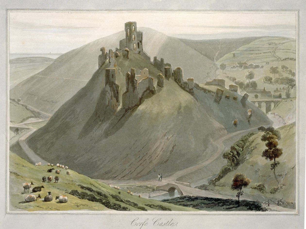 Castelo de Corfe, de "Uma viagem pela Grã-Bretanha empreendida entre os anos de 1814 e 1825", publicada em 1823 (aquatint) de William Daniell