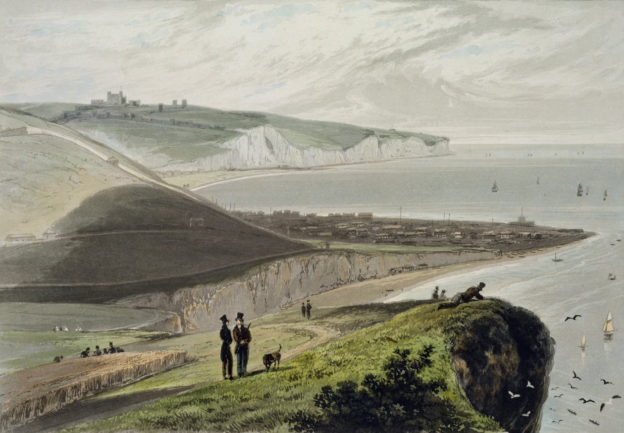 Dover, do penhasco de Shakespeare, de "Uma viagem pela Grã-Bretanha empreendida entre os anos de 1814 e 1825", publicada em 1829 de William Daniell