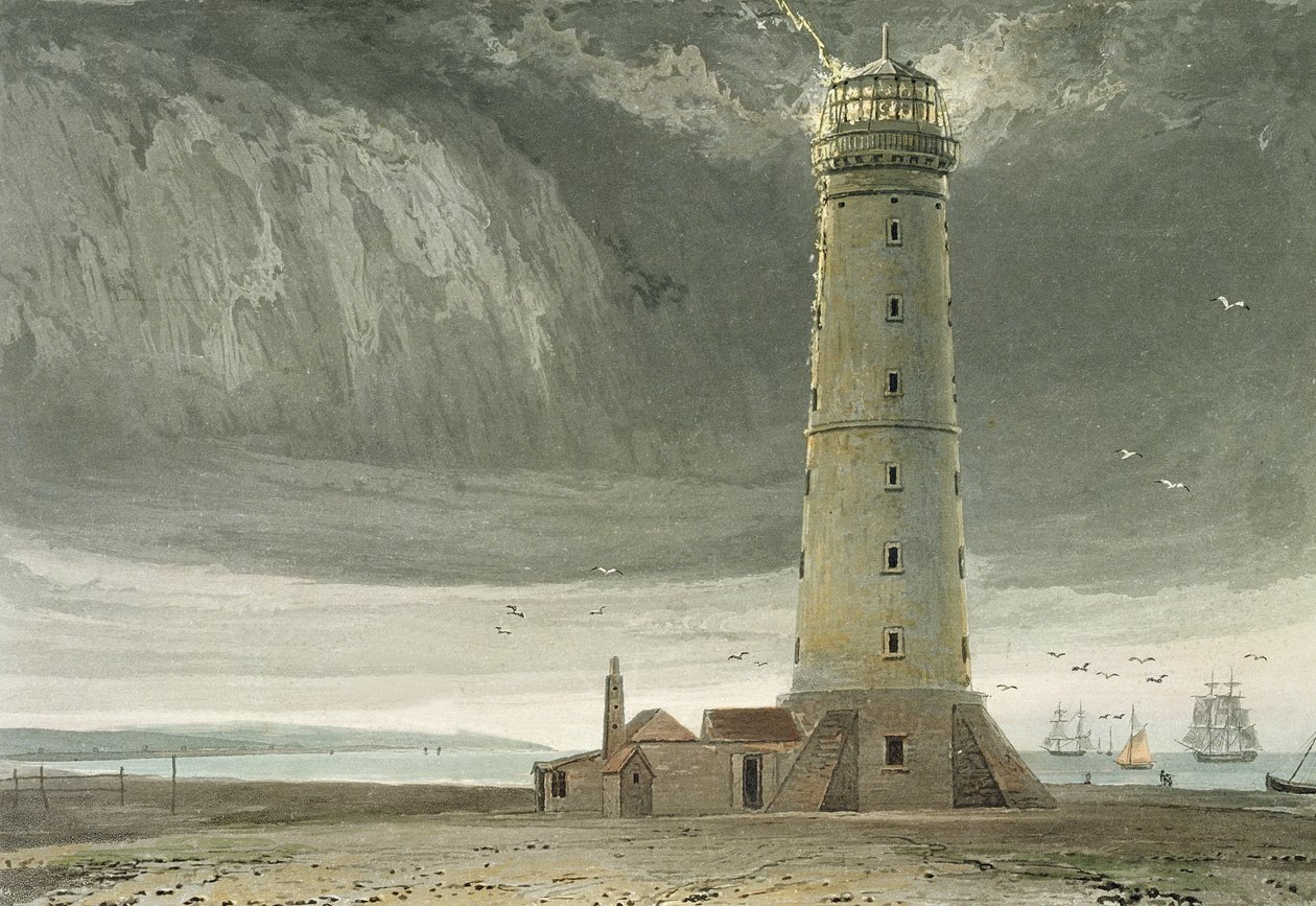 Farol de Dungeness, de "Uma viagem pela Grã-Bretanha, entre os anos de 1814 e 1825", publicado em 1829 (gravura colorida à mão) de William Daniell